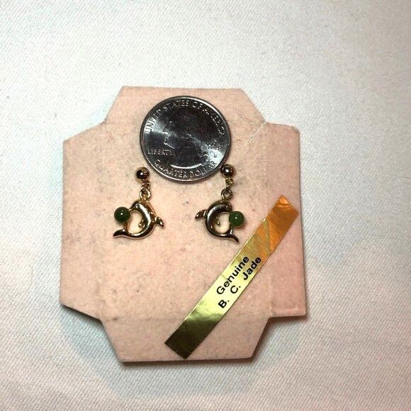 Dolphin Jade Pierced Dangle Earrings Gold Tone - Picture 3 of 5